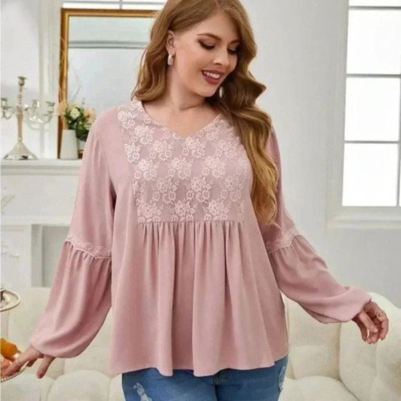 SHEIN Plus Floral Jacquard Contrast Lace Lantern Sleeve Peplum Blouse, XXL, NWOT - Picture 1 of 2